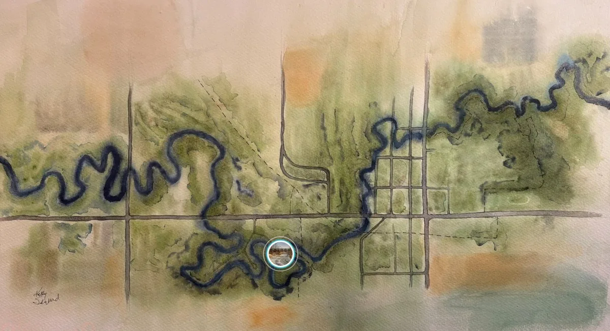 Hand-painted watercolour map of the Boyne River trail used as the interactive station guide