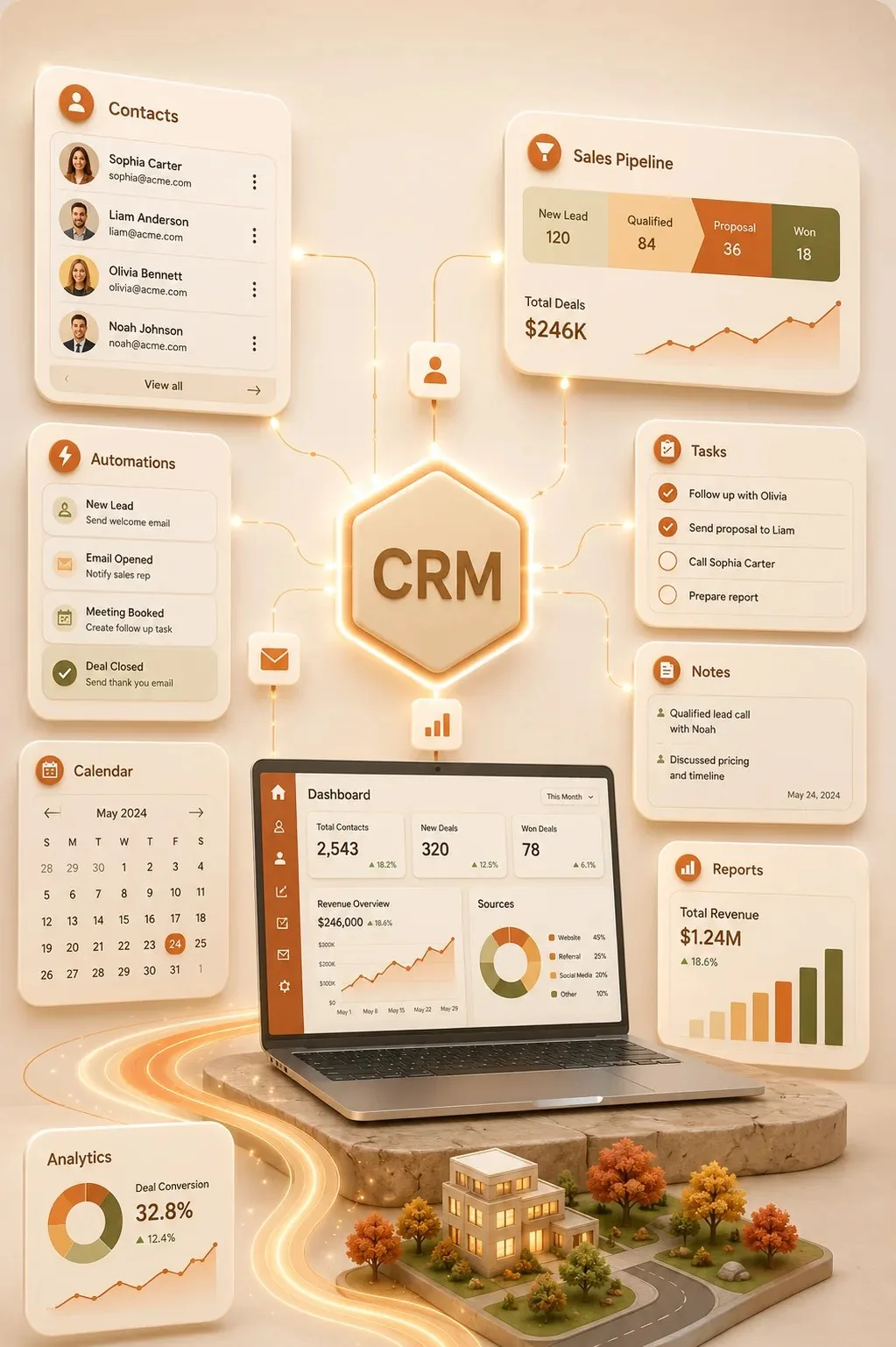 Illustration of a CRM dashboard showing contacts, sales pipeline, tasks, automations and revenue reports