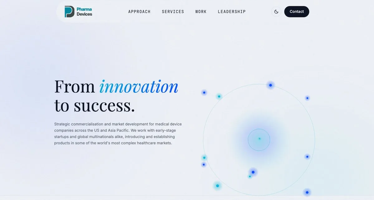 Pharma Devices website homepage with the heading 'From innovation to success'