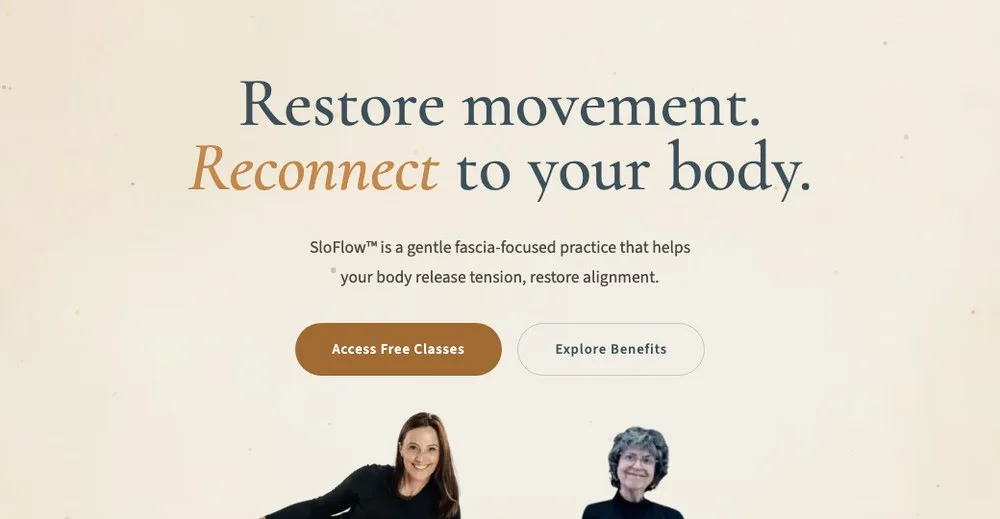 SloFlow website homepage with the heading 'Restore movement, reconnect to your body'